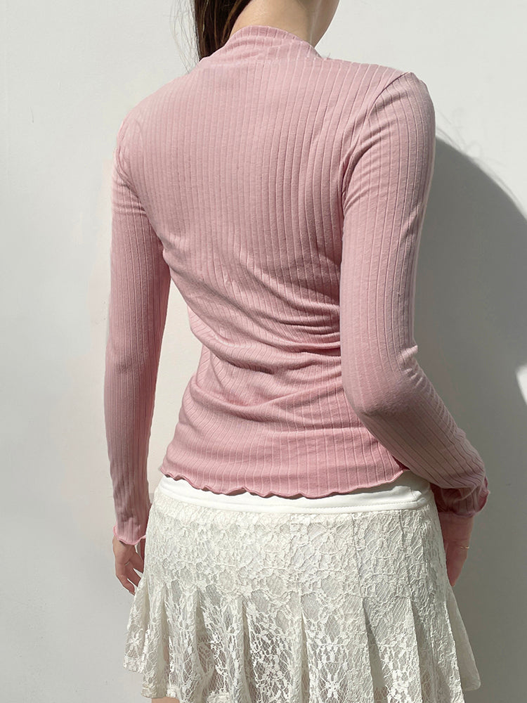 Aiertu - summer inspo Japanese Kawaii Sweet Pink Knitted Ribbed Tee Contrast Lace Tie Bow Square Collar Long Sleeve Basic Spring Autumn T Shirt Women Aiertu