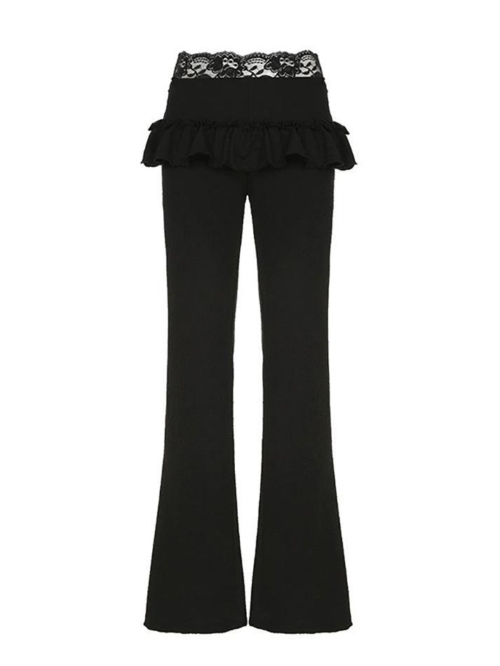 Aiertu  -Textured Lace Panel Ruffle Flared Pants aiertu