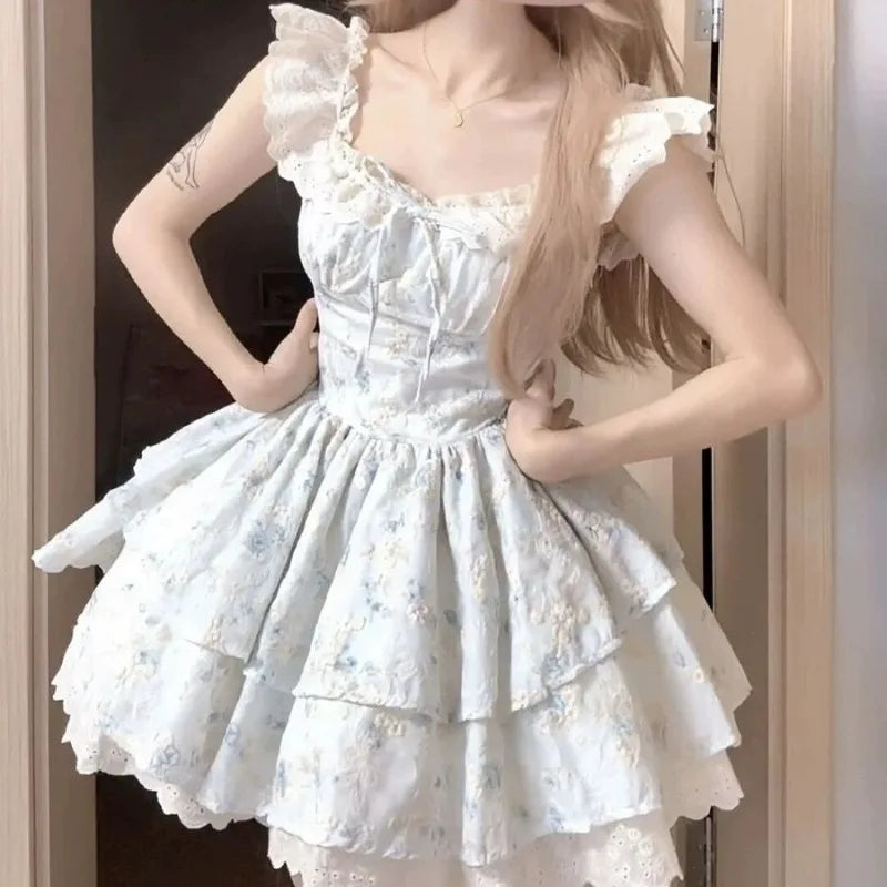 Aiertu  -  Hot Girl Lace Flying Sleeve Floral Dress for Women's Summer Slim Fit Square Collar A-line Short Dress Fashion Female Clothes Aiertu
