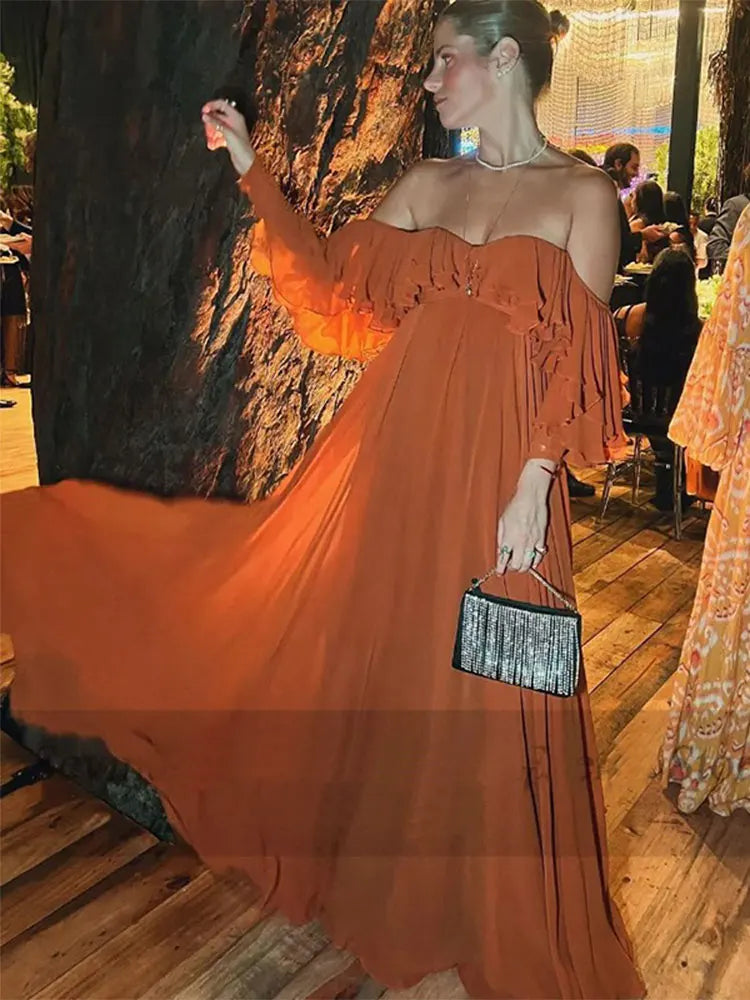 Aiertu  -  Summer Elegant Solid Ruffles Maxi Dress For Women Fashion Off Shoulder High Waist Robe  Chic Female Evening Party Vestidos Aiertu