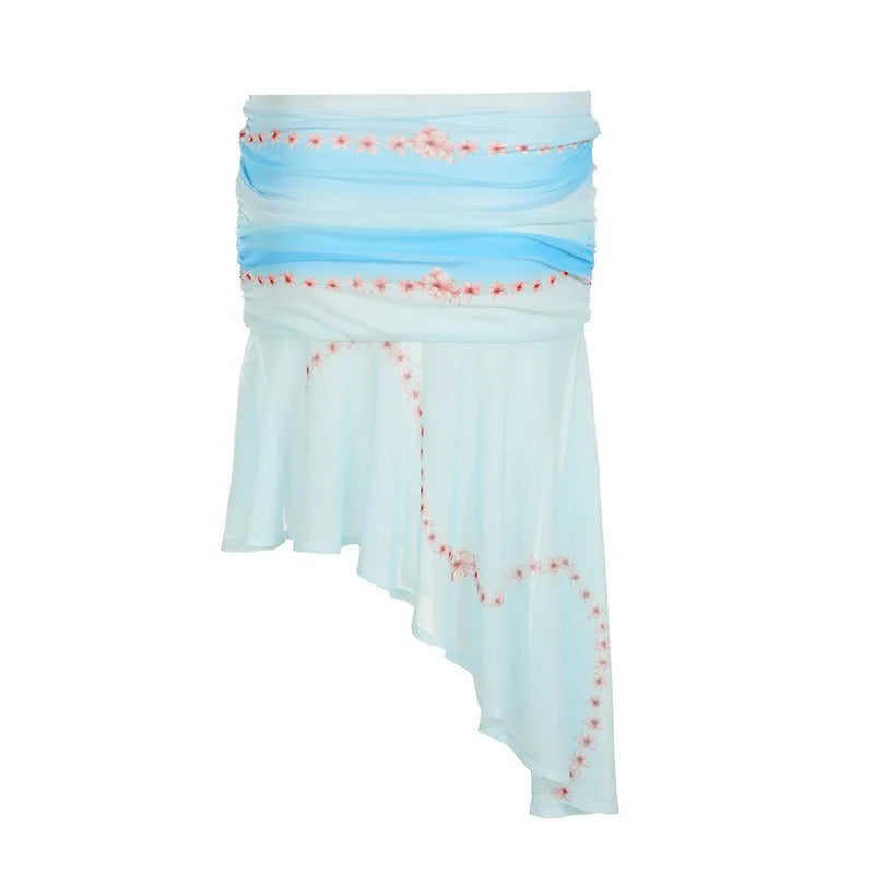 Aiertu  -  Two Piece Outfits Woman Tie Dye Floral Print Mesh Asymmetrical Skirt and Top Matching Sets Y2k Summer P67-EI28 Aiertu