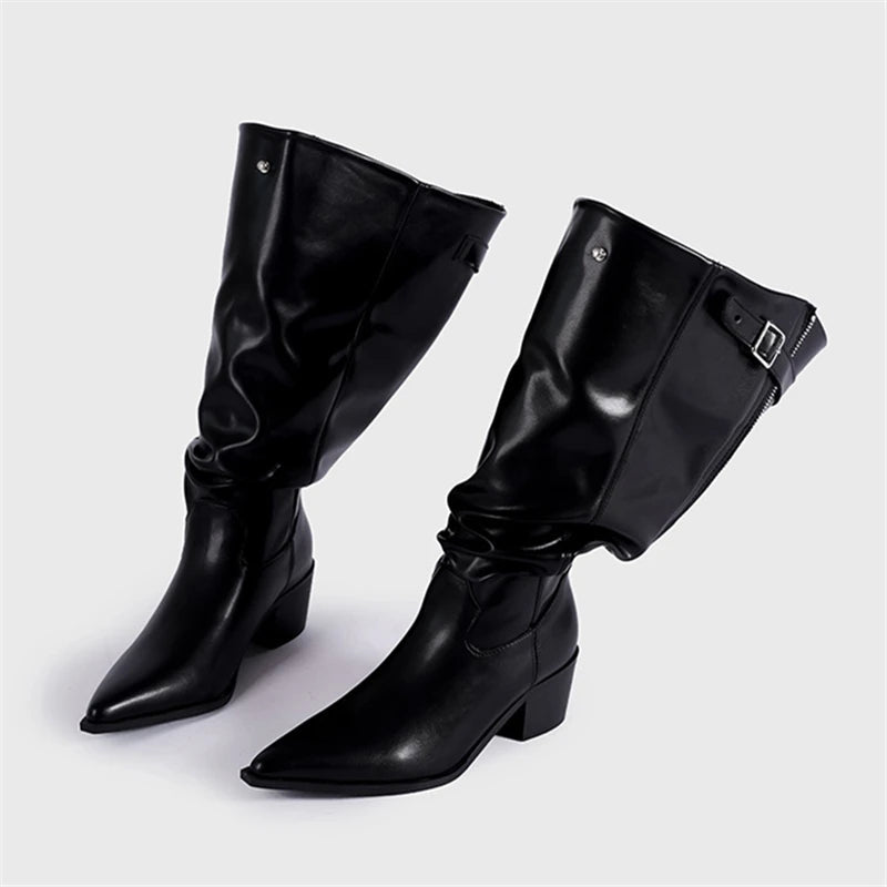Aiertu  -  Designer Pointed Toe Western Cowboy Boots Women Chunky Heel Retro Belt Buckle Knight Boots Fashion Mujer Luxury Long Botas New Aiertu
