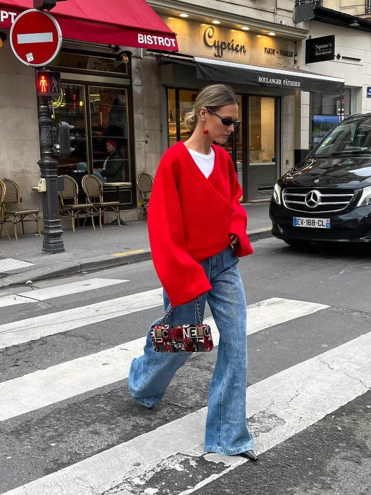 Aiertu  -  Chic Retro Red Women V-neck Loose Woolen Pullover Jacket Long Sleeve Knitted Sweater 2026 New Autumn Female Casual Knitwear Top Aiertu