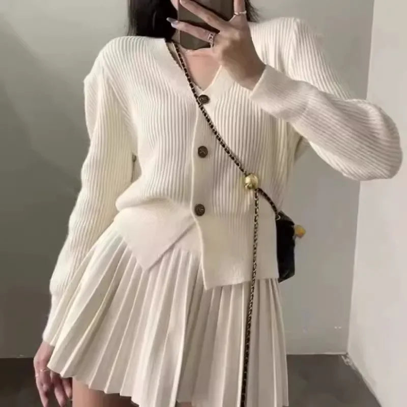 Aiertu      -  Retro Knitted Long Sleeve Sweater High-Waisted Pleated Skirt Two Piece Set For Women Niche Solid Matching Sets Autumn New Aiertu