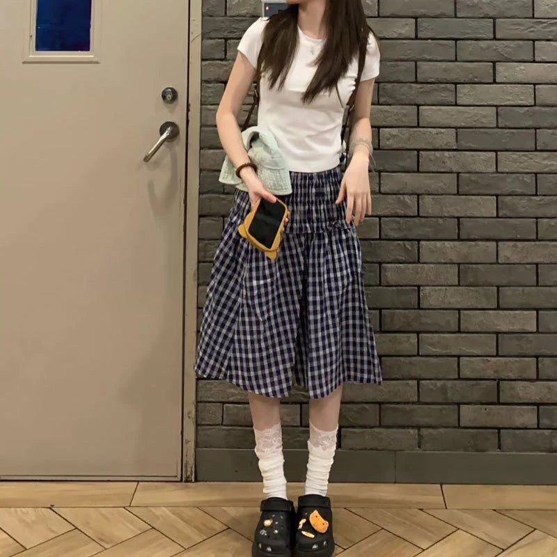 Aiertu  -  Vintage Plaid Mini Skirt Women Harajuku Aesthetic Patchwork Knee Length Skirts Summer Korean High Waist A Line Faldas New Aiertu