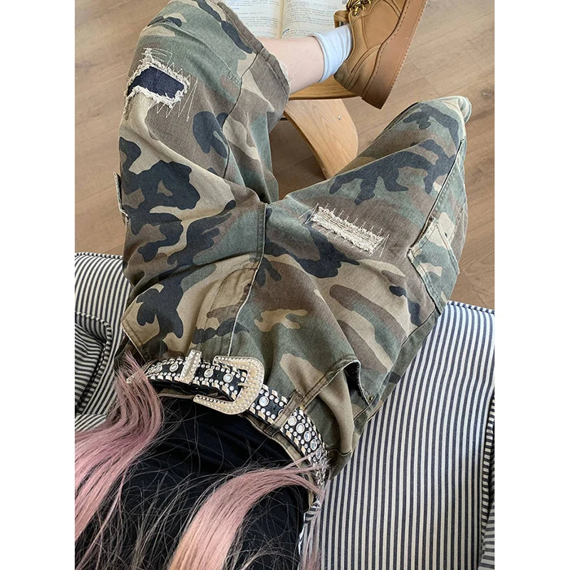 Aiertu  American Retro High Waist Camouflage Jeans Women Pockets Hip-hop Shorts 2025 Summer Casual Y2K Grunge Street Washed Denim Shorts Aiertu