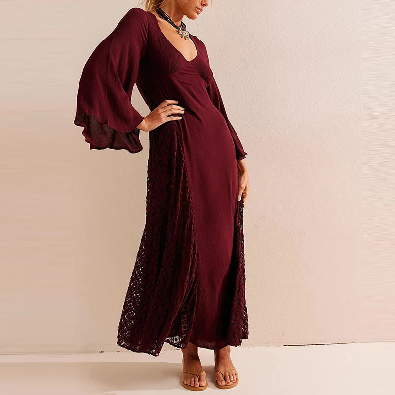 Aiertu  -  Casual Solid Flare Long Sleeved Dresses Elegant V Neck Lace Up Beach Vacation Dresses Fashion Lace Embroidery Women Long Dresses Aiertu