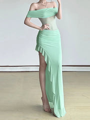 Aiertu  -Asymmetric Ruffle Off Shoulder Maxi Dress aiertu