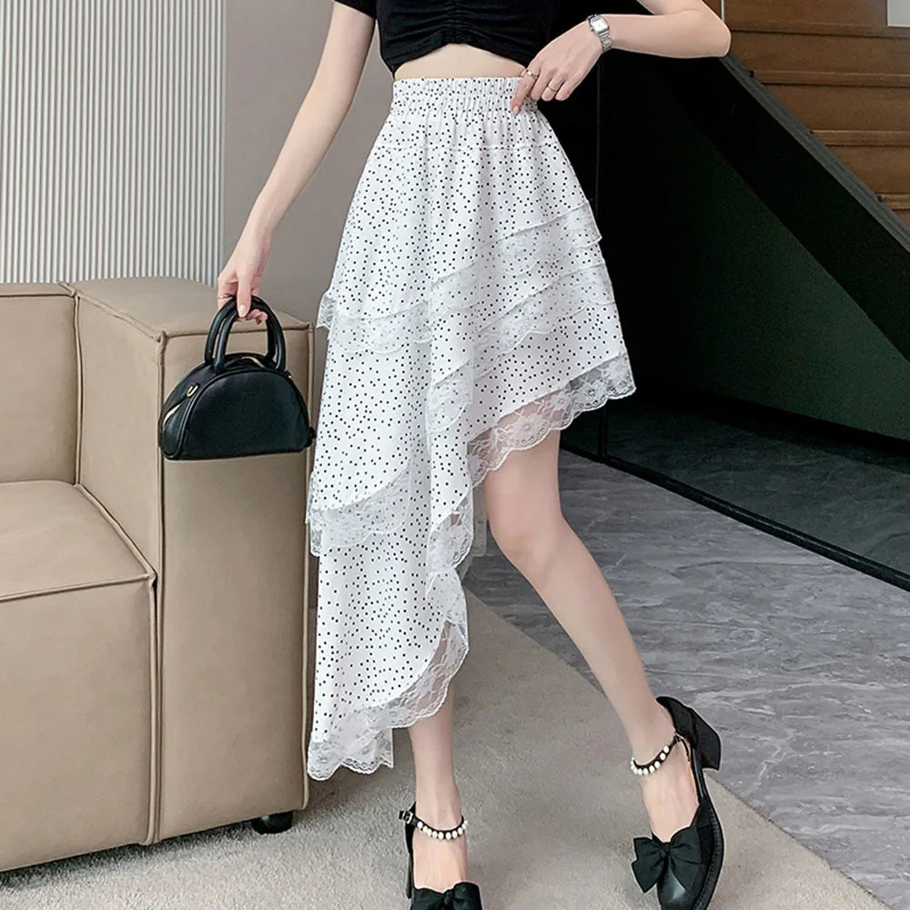 Aiertu  -  Sweet Polka Dot Skirts Y2k Aesthetic Irregular Streetwear High Waist Lace Edge Long Skirt Women Fairy Sexy Harajuku Falda Mujer Aiertu