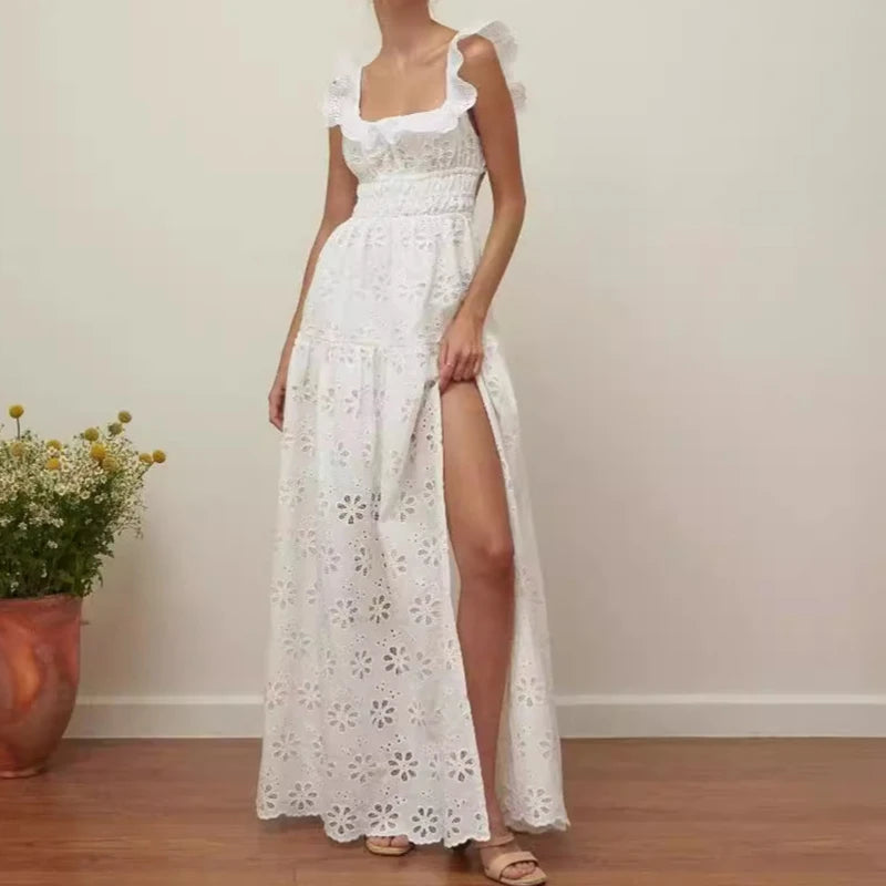 Aiertu  -  New Temperament Square Neck Women Long Dress Fashion Sleeveless Ruffle Holiday Dress Casual Lace Hollow Split High Waisted Dress Aiertu