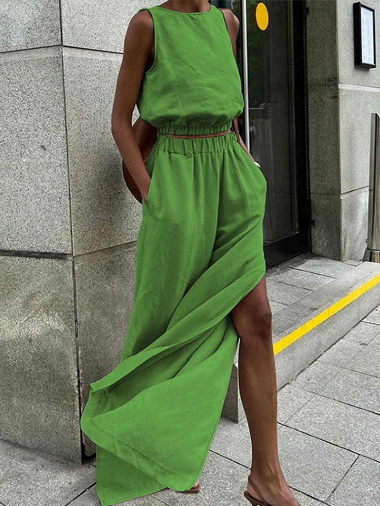 Aiertu  -  Elegant Solid Vest Pants Set Women O-neck Sleeveless Tops High Waist Side Split Trousers 2026 Summer Fashion Lady Office Outfit Aiertu