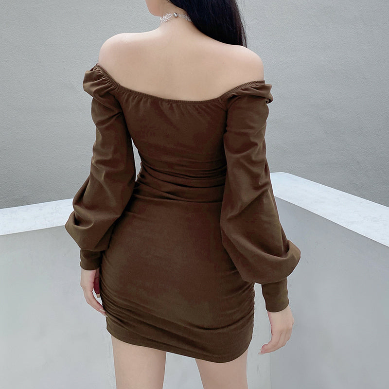 Aiertu - Twist Chest Cutout Puff Sleeve Pleats Dress Aiertu