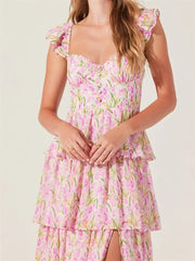 Aiertu  -  Elegant Off-Shoulder Maxi Dress with Delicate Floral Print and Flowy Ruffled Layers Perfect for Spring and Summer Events Aiertu