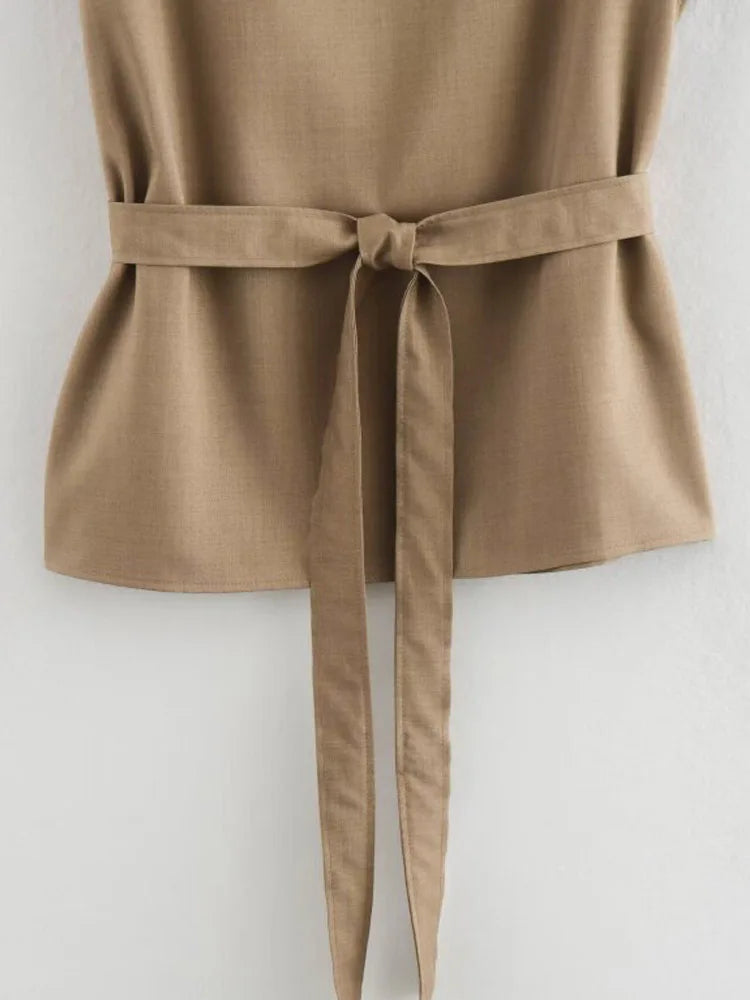 Aiertu  -  Women Summer Blouses Shirts Tops Fashion Solid O-Neck Asymmetry Sashes Bow Female Elegant Street Top Clothing Aiertu