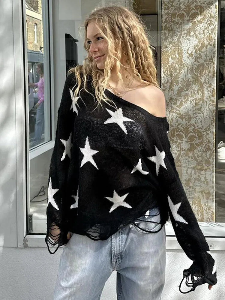 Aiertu  -  Street Stars Printed irregular Wide Collar Sweater Hot Girl Loose Thin Ripped Knit Sexy See Through Pullovers Long Sleeve Aiertu