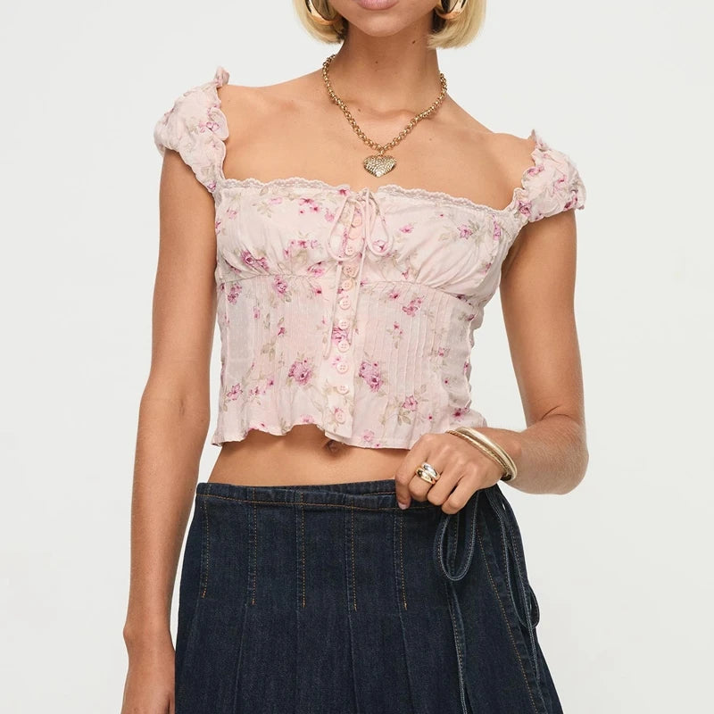 Aiertu  -  Women Vintage Floral Tie-up Camisole Elegant Lady Sleeveless Square Neck Slim Fit Summer Milkmaid Vest for Party Club Crop Tops Aiertu