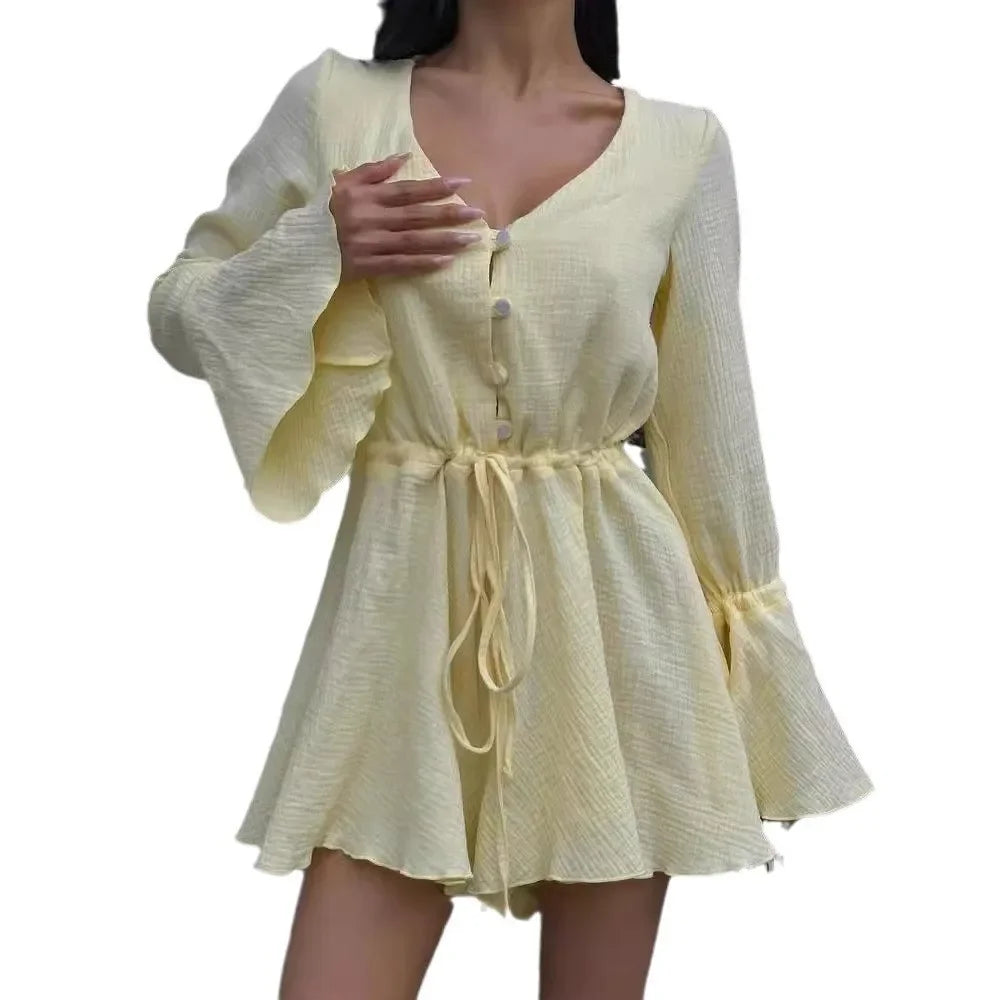 Aiertu  -  Cotton Pleated Women Jumpsuit with Button V-neck Drawstring High Waist Flared Sleeve Casual Rompers Commuter Strappy Jumpsuit Aiertu