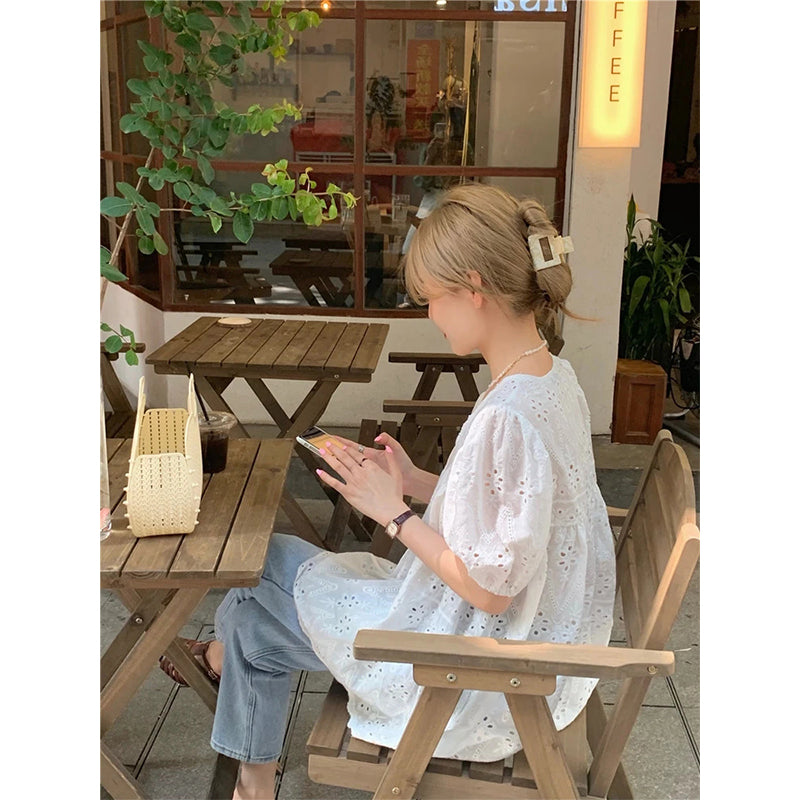 Aiertu Sweet White Blouses Women Elegant Hollow Out Lace Up Shirts Summer Streetwear Korean Puff Sleeve Baggy Casual Chic Tops Aiertu