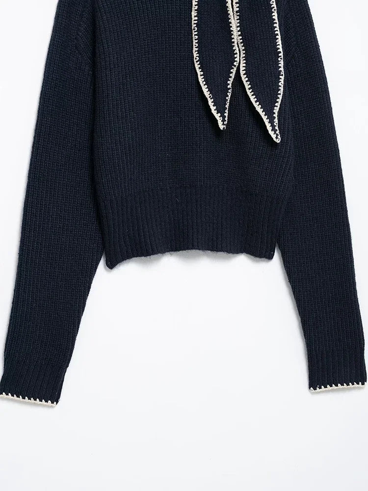 Aiertu  Women Fashion With Bow Black Pullover Knitted Sweater Vintage O-Neck Long Sleeves Female Chic Lady Tops Aiertu