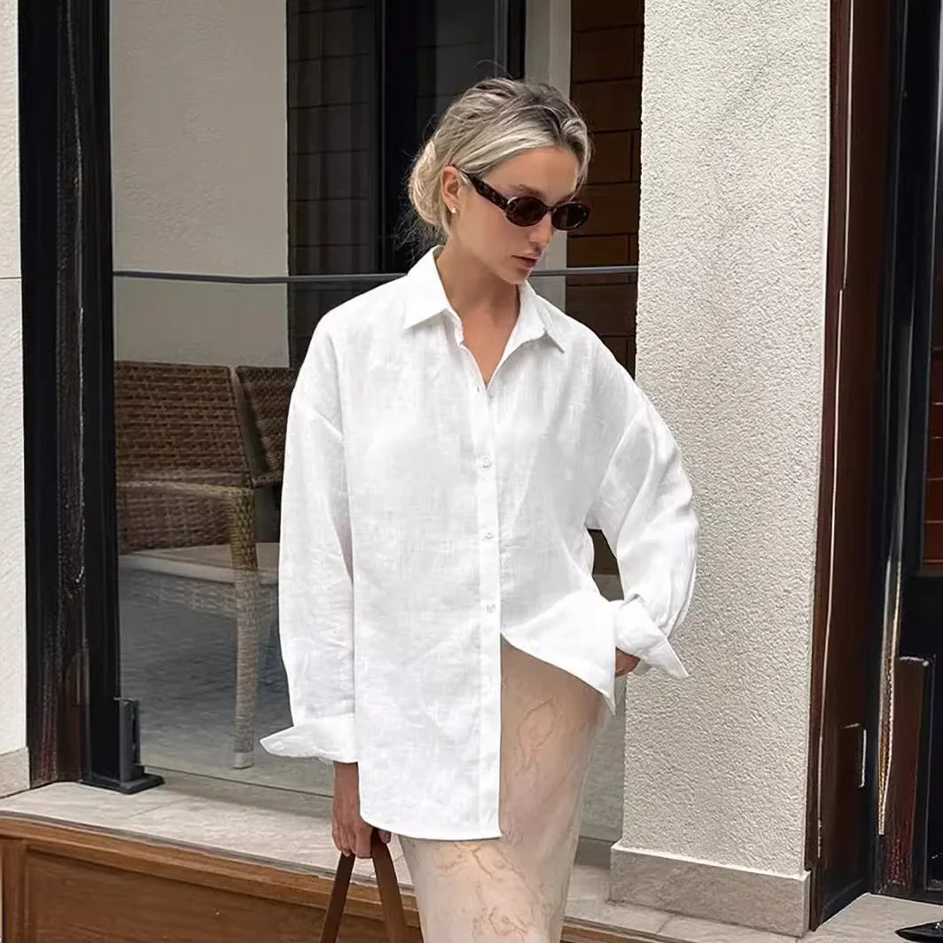 Aiertu  -  Commuter Casual 100% Cotton Women Shirts Solid Loose Lapel Long-sleeved Shirt With Button Simple Top Ladies Clothes Streetwear Aiertu