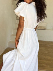 Aiertu  -  Summer White Elegant Holiday Long Dresses Women 2026 New V Neck Lace-up Puff Sleeve Maxi Dress Casual Fashion A-line Vestidos Aiertu
