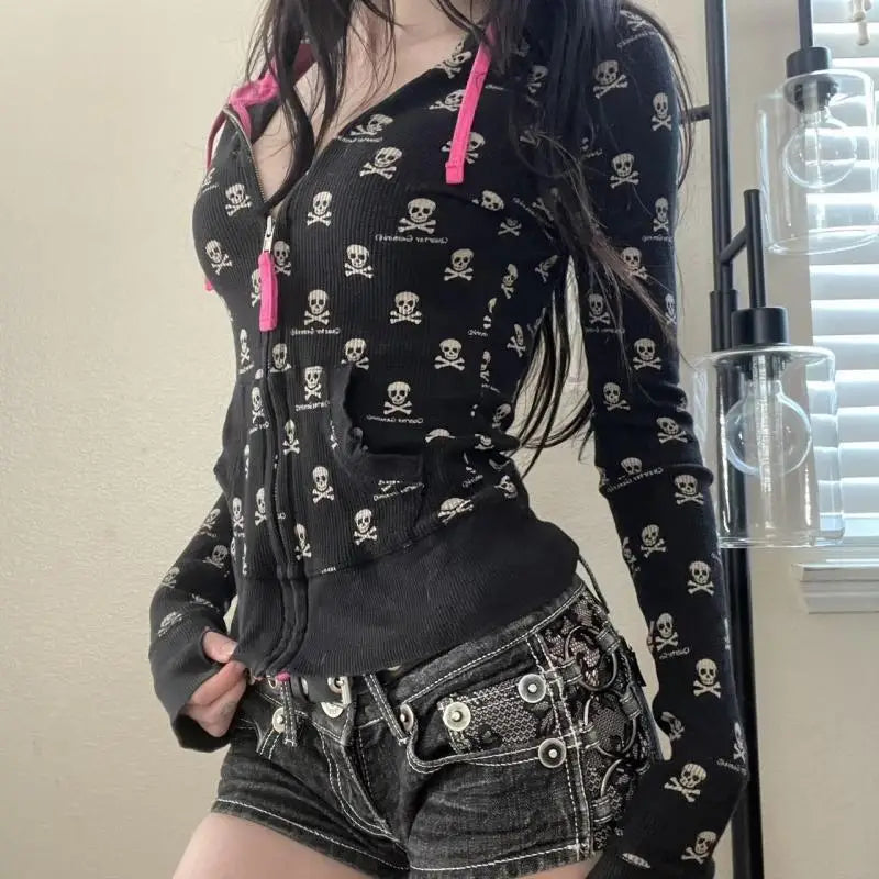 Aiertu  -  Vintage Punk Skull Printi Harajuku Hoodies Women Casual Vintage Black Hooded Jacket Y2k Aesthetic Crop Zipper Sweatshirt Kpop Aiertu