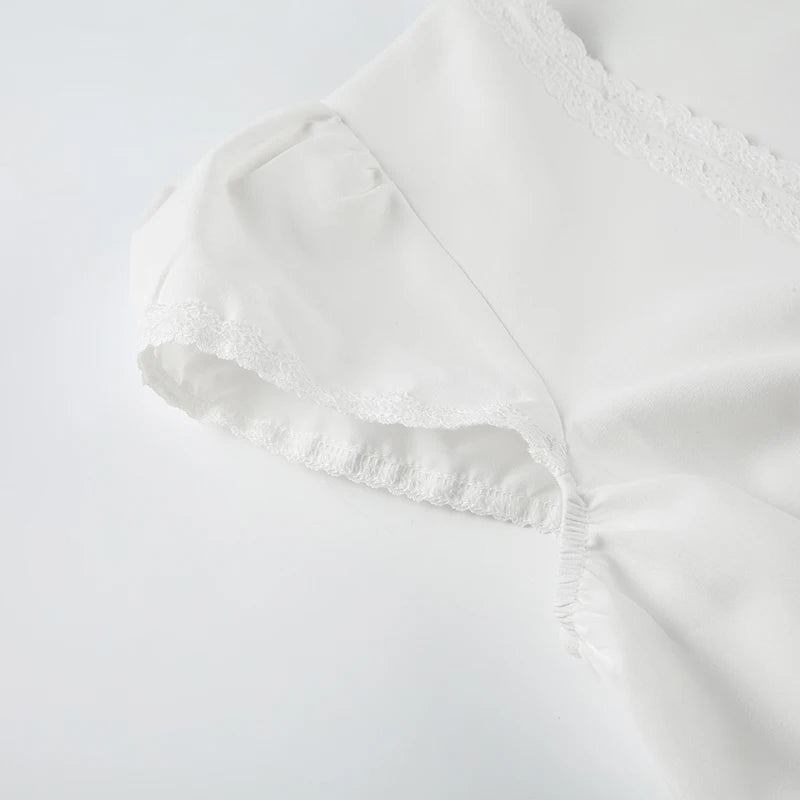 Aiertu  -  Holiday Solid Lace Trim Split T Shirt Casual Slim Bandage Deep V-Neck Short Puff Sleeve Tees Women Summer Streetwear Aiertu