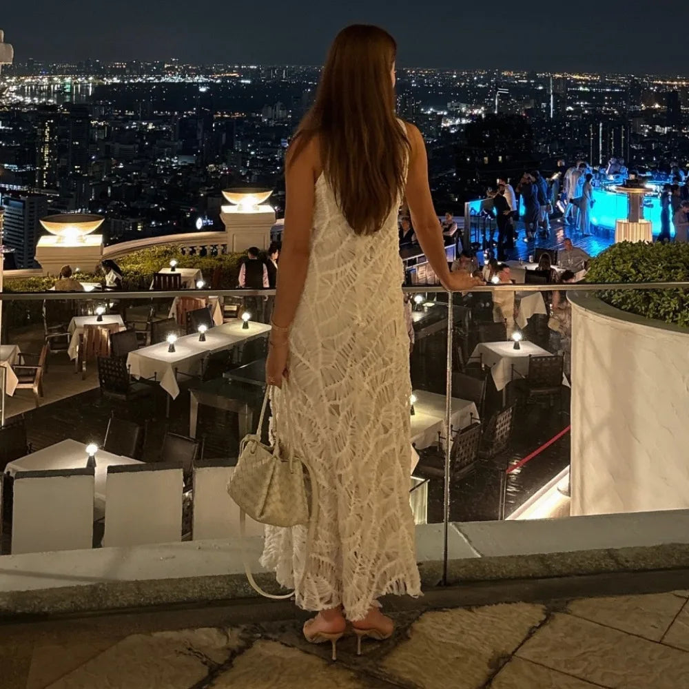 Aiertu  -  Luxury Sleeveless Long Strap Dress Women Summer V Neck 3D Crochet Flower Maxi Sundress Female Woman Clothes 2025 Aiertu