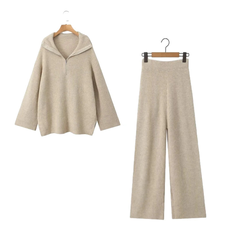 Aiertu  -  Grey Autumn Winter Knitted Sweater Pants Set 2 Pcs Outfits Thick Casual Wide Leg Pants Zip Pullover Female Loose Set Aiertu