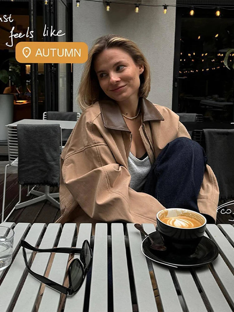 PICSGIRL  -  Fashion Lapel Zipper Women Jacket Full Sleeve Loose Female Coat Fashion Autumn Winter Vintage Solid Patchwork Lady Outwear Aiertu
