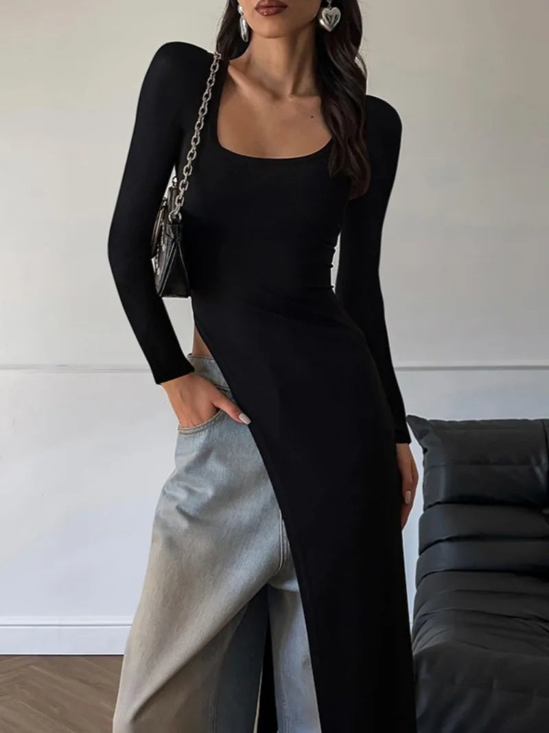 Aiertu  -  Woman Clothing Long Sleeve High Slit Black T-shirt Dress Y2K Streetwear 2026 Fall Ladies High Waist Slim Irregular Long Dresses Aiertu