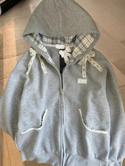 Aiertu  Lace Patchwork Hoodies Women Cute Bow Long Sleeve Sweatshirt Japan Preppy Style Sweet Loose Long Sleeve Female Gray Outwear Aiertu