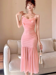 Aiertu  -  Sexy Spaghetti Strap Womens Dresses French Elegant Swinging Collar Birthday Party Midi Dress Female Slim Waist Vestidos Mujer Aiertu
