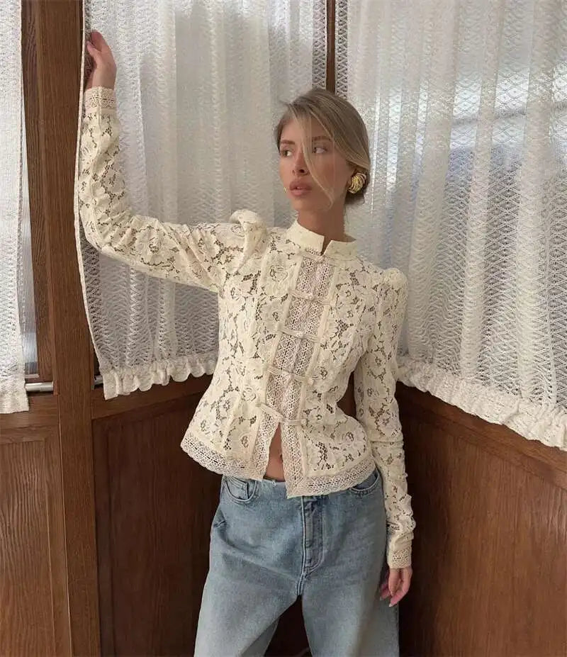 Aiertu  -  Long Sleeve Lace Elegant Shirt Women Top Autumn Stand Collar Single-breasted Slim Temperament See Through Shirts Aiertu