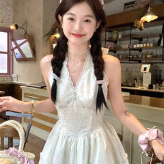 Aiertu  -   Sweet Hot Girl Pure Desire Halter V-neck Sleeveless Lace Edges Dresses Women Summer Dot Print Waist Slimming Short A-line Dress Aiertu