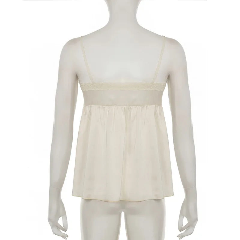 Aiertu  Satin Lace Patchwork Camisoles Fairycore Front Tie-Up Buttons Tank Tops Women Coquette Sleeveless Shirt Crop Tops Y2k Clothes Aiertu