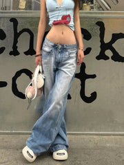 Aiertu  -  Fashion Street Blue Washed Low Rise Straight Jeans Women Summer Retro New Loose Korean Street Casual Wide Leg Jeans Aiertu
