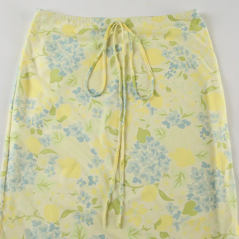 Aiertu  -  2 Pieces Set Yellow Sleeveless Crop Top and Floral Mesh Long Skirt Coords Sets Woman Vacation Summer Outfits P84-DI29 Aiertu