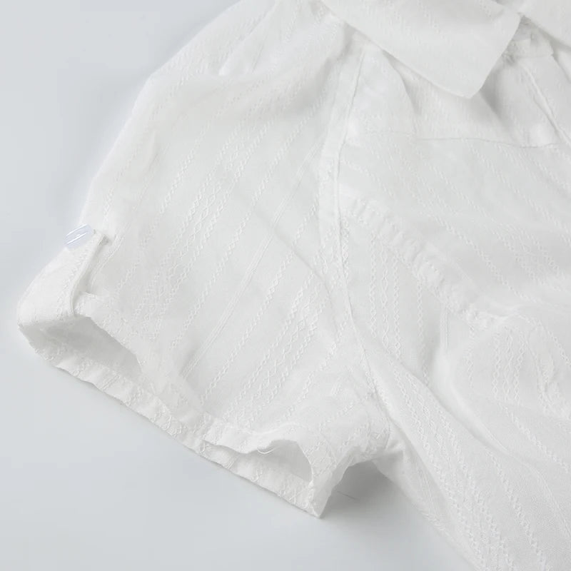 Aiertu  -  Fashion Chic Folds Summer Blouse Women Texture Stripe Buttons-Up Cardigan Shirt Korean French Tops Short Sleeve Basic Aiertu