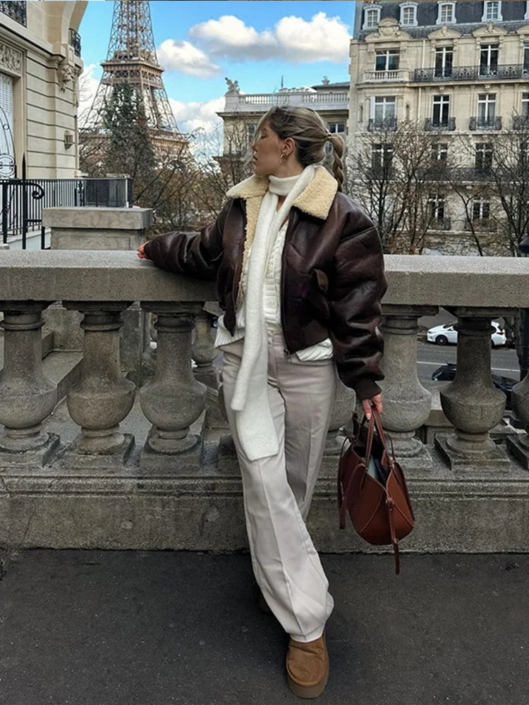 Aiertu  -  Chic Long Sleeve Lapel Double Side Motorcycle Coat Fashion Warm Pocket Zipper Jackets Autumn Winter Woman High Street Coats Aiertu