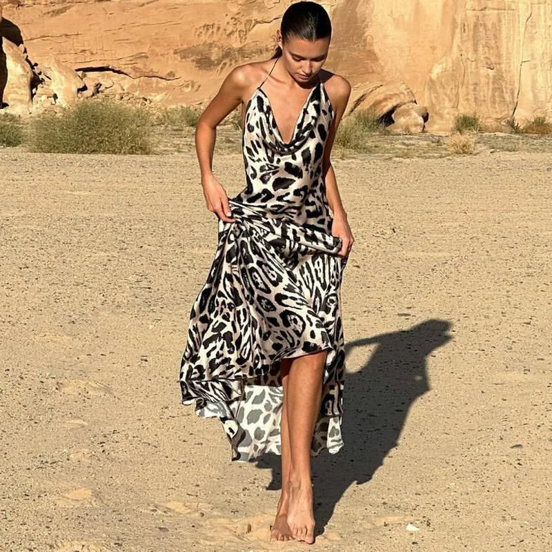 Aiertu  -  Leopard Dress Sexy Backless Dress Fashion Holiday Outfits Summer Maxi Dress Open Back Long One-piece Dress Gown Party Dresses Aiertu