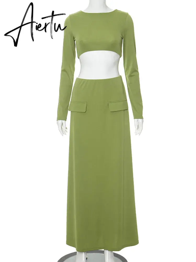 Elegant 2 Piece Set Green Long Sleeve Cropped Top And Slim Split Maxi Skirt Sets Femme  New Party Evening Outfits Aiertu