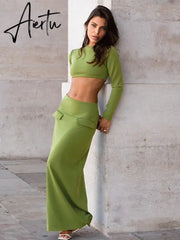 Elegant 2 Piece Set Green Long Sleeve Cropped Top And Slim Split Maxi Skirt Sets Femme  New Party Evening Outfits Aiertu