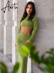 Elegant 2 Piece Set Green Long Sleeve Cropped Top And Slim Split Maxi Skirt Sets Femme  New Party Evening Outfits Aiertu