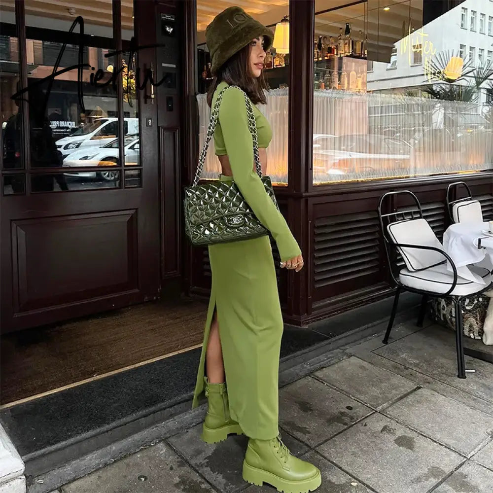 Elegant 2 Piece Set Green Long Sleeve Cropped Top And Slim Split Maxi Skirt Sets Femme  New Party Evening Outfits Aiertu