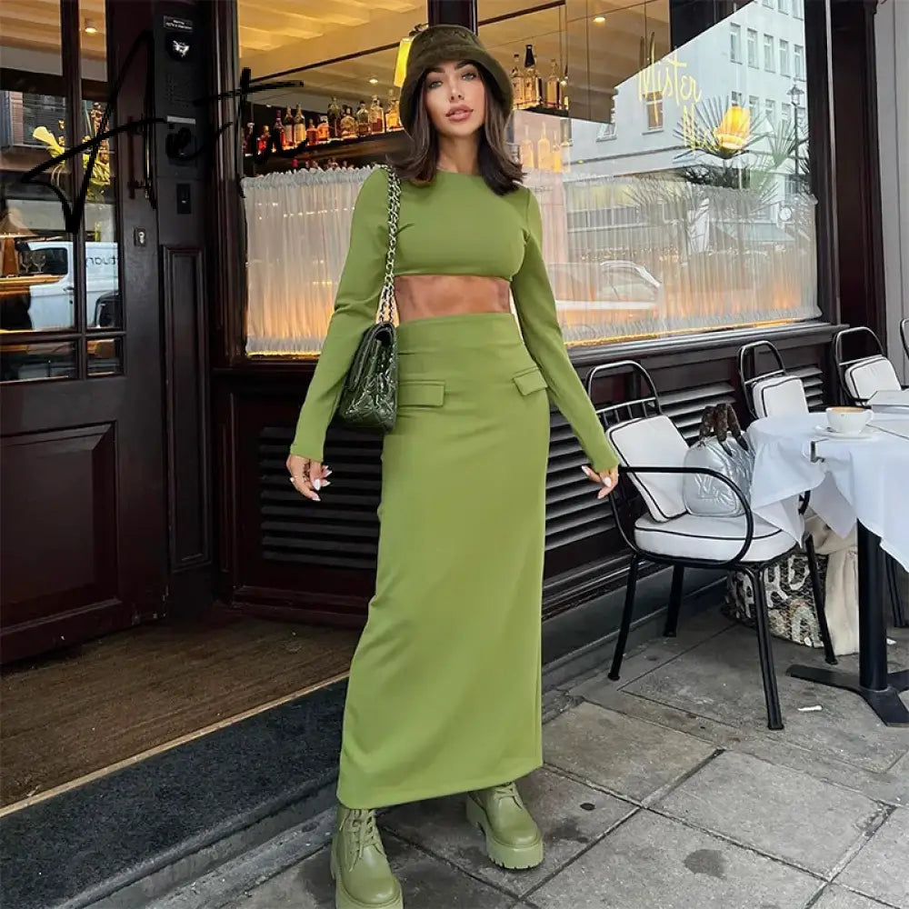 Elegant 2 Piece Set Green Long Sleeve Cropped Top And Slim Split Maxi Skirt Sets Femme  New Party Evening Outfits Aiertu