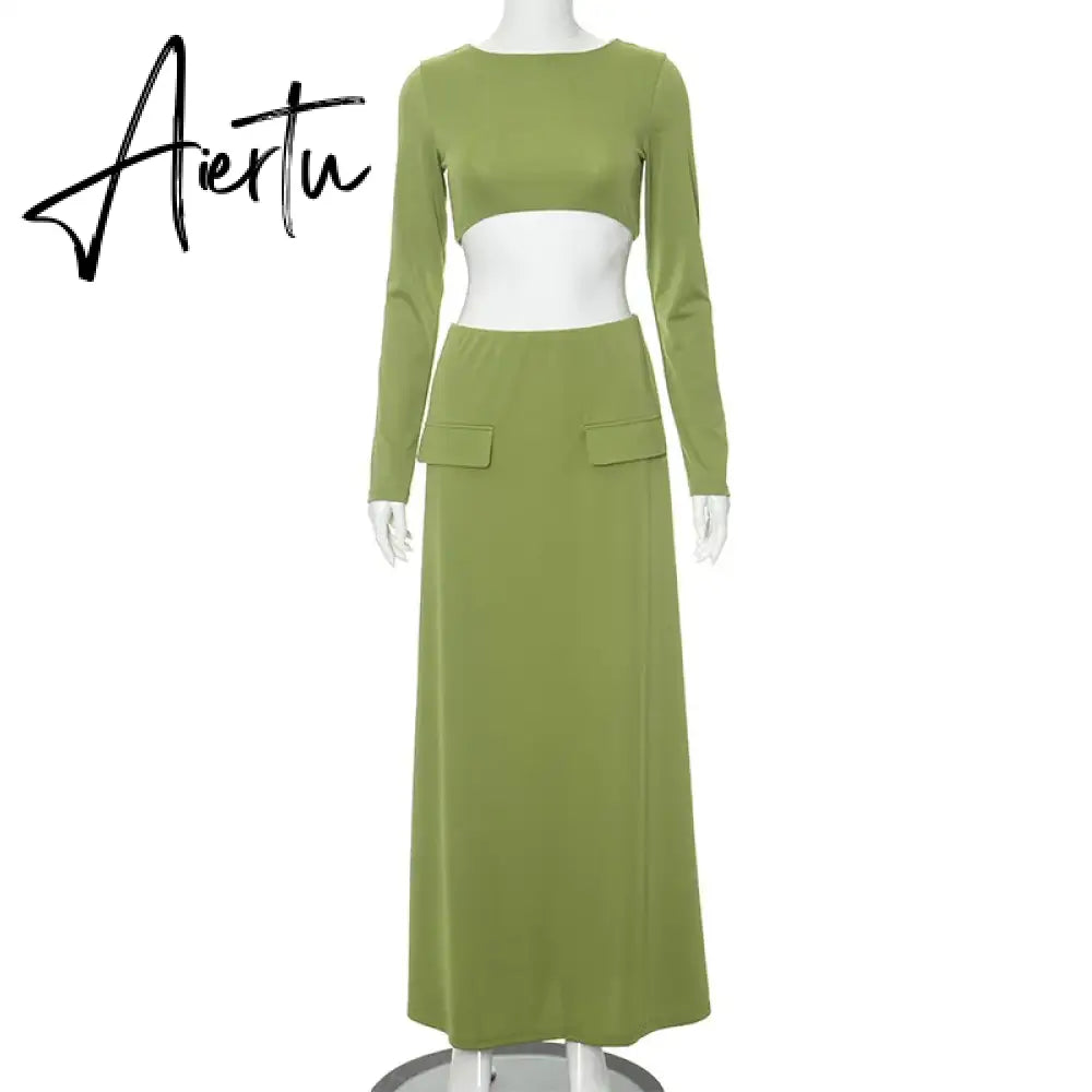 Elegant 2 Piece Set Green Long Sleeve Cropped Top And Slim Split Maxi Skirt Sets Femme  New Party Evening Outfits Aiertu