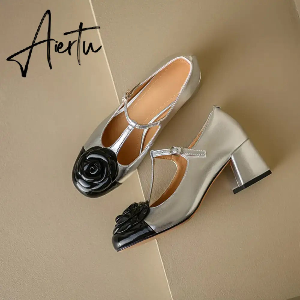 Elegant brand new T-strap mary janes shoes for woman Cow leather Fashion high Heels Party floral pumps silver Aiertu