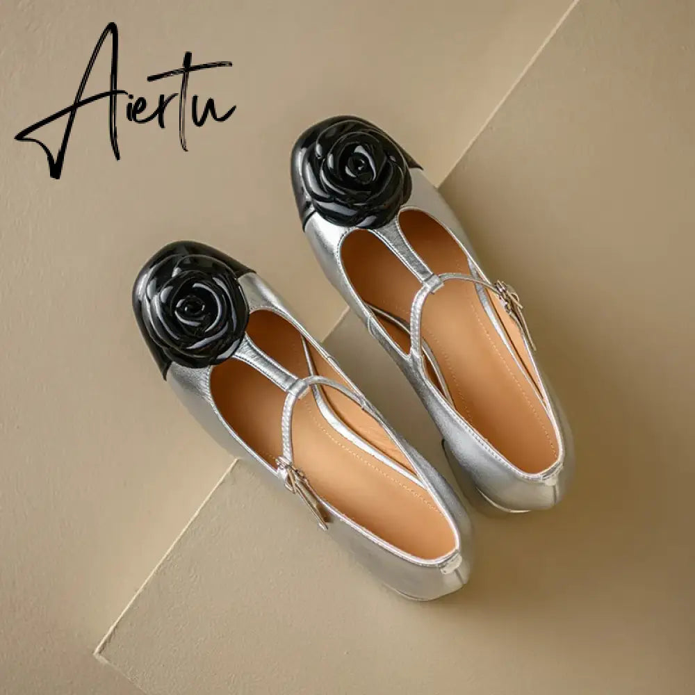 Elegant brand new T-strap mary janes shoes for woman Cow leather Fashion high Heels Party floral pumps silver Aiertu