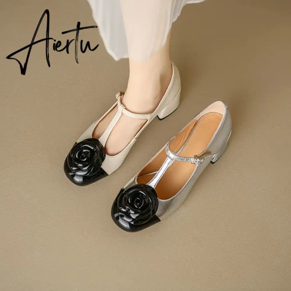 Elegant brand new T-strap mary janes shoes for woman Cow leather Fashion high Heels Party floral pumps silver Aiertu